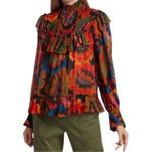 FARM RIO Flowers Smocked Ruffle Detail Floral Blouse Size S